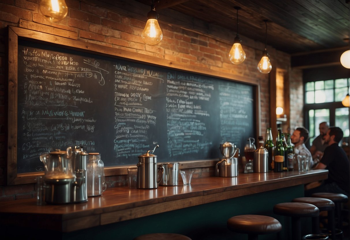 Vibrant bar atmosphere with colorful drink specials displayed on chalkboard, surrounded by happy patrons enjoying the lively ambiance