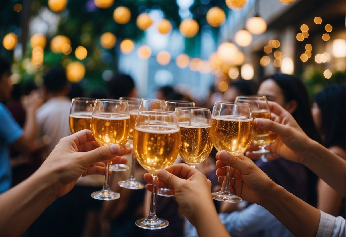 A group of people raising their glasses in celebration at a lively event in Singapore. Bright lights and colorful decorations create a festive atmosphere