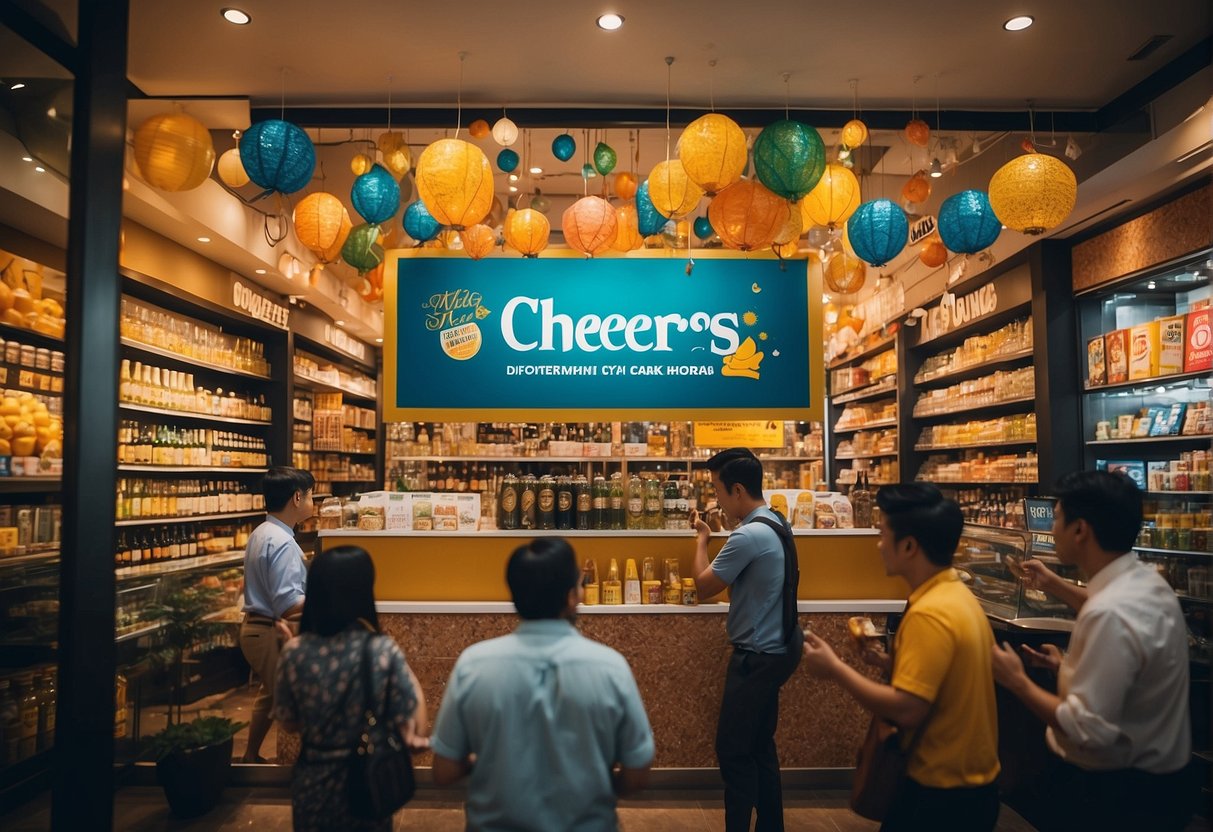 A vibrant and lively scene with colorful promotional banners and cheerful customers at the Cheers store in Singapore