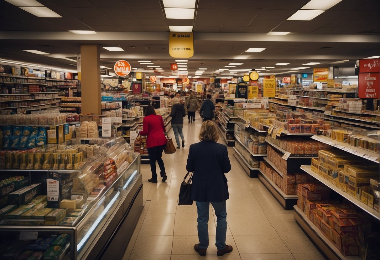 Customers browsing aisles of a well-stocked store, grabbing discounted items with vibrant promotional signs overhead