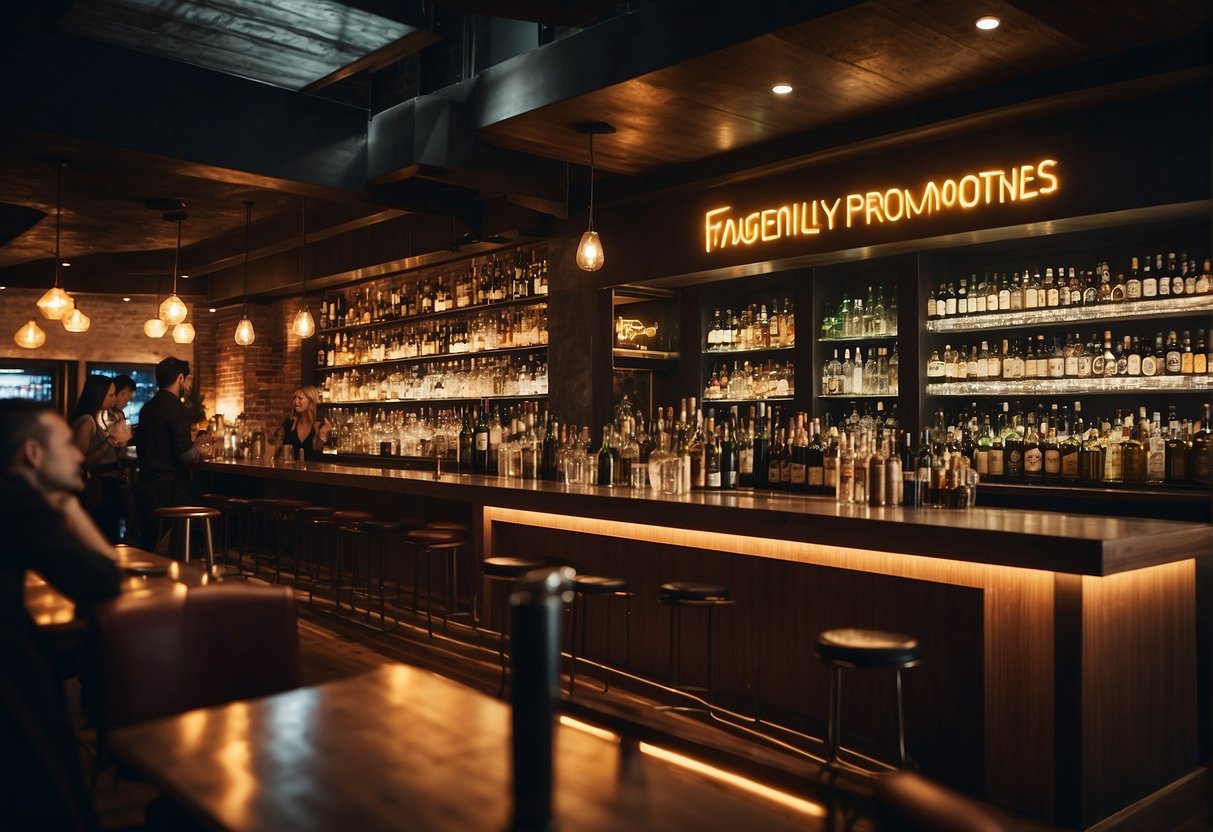 A crowded bar with various alcohol brands displayed, people chatting and enjoying drinks, and a sign promoting "Frequently Asked Questions alcohol promotions Singapore."