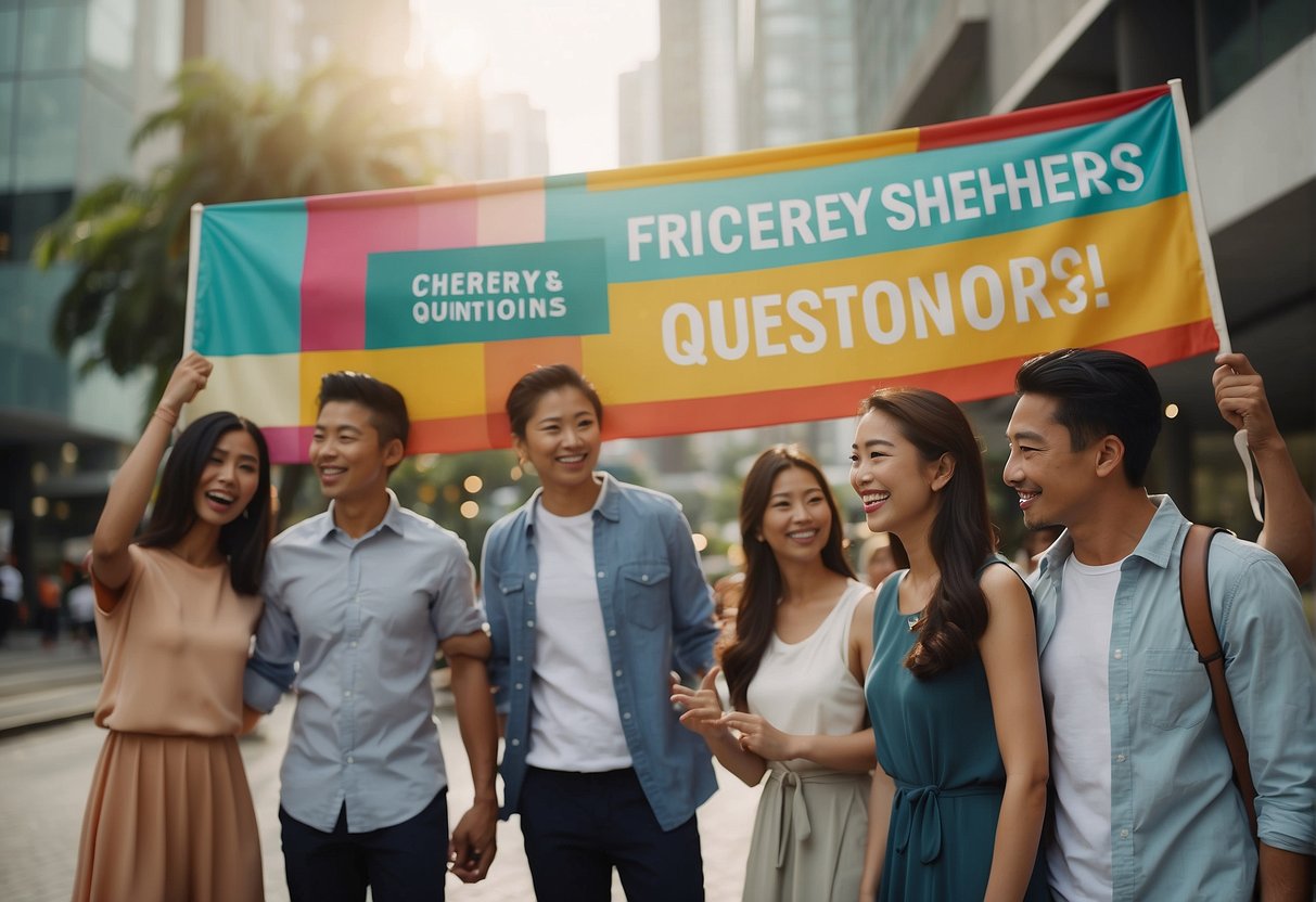 A group of people gather around a colorful banner that reads "Frequently Asked Questions cheers promotions singapore" with smiles on their faces