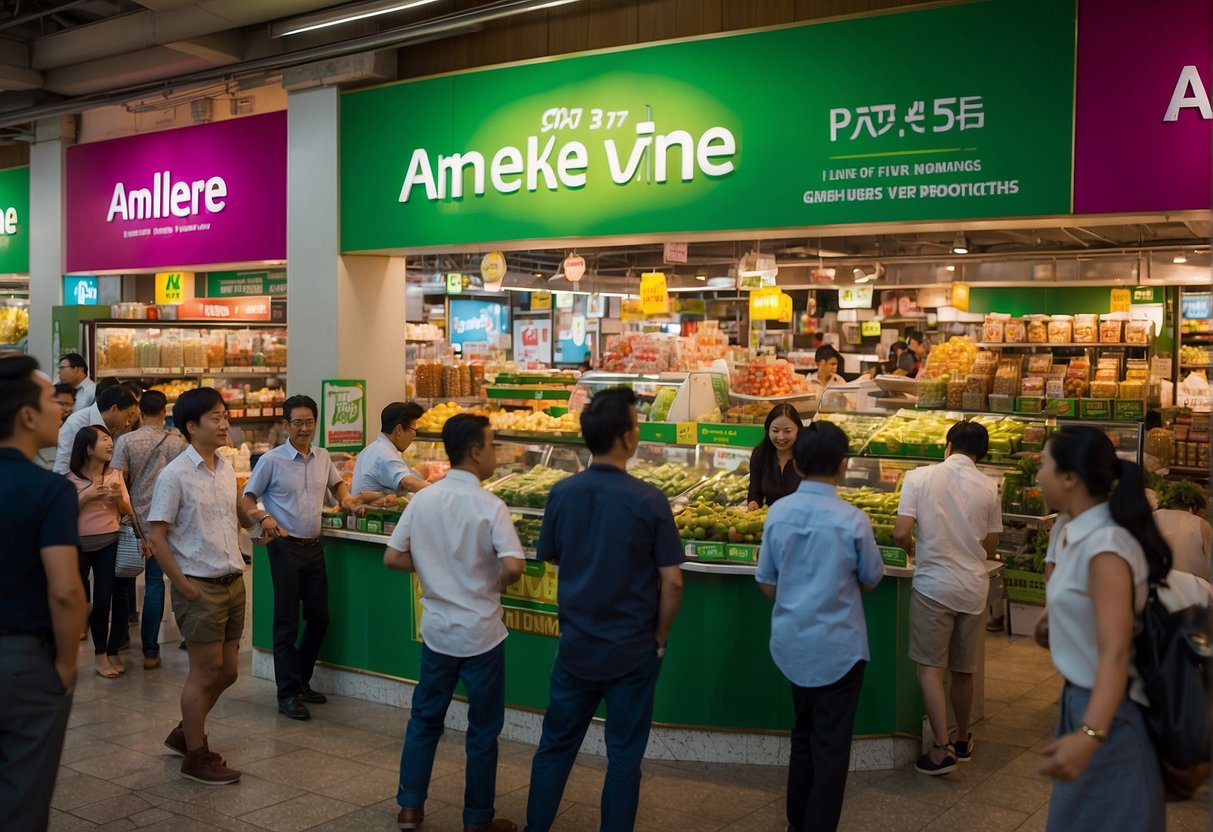 Anlene promotions in Singapore: A vibrant display of products with eye-catching signage, surrounded by enthusiastic customers in a bustling market setting