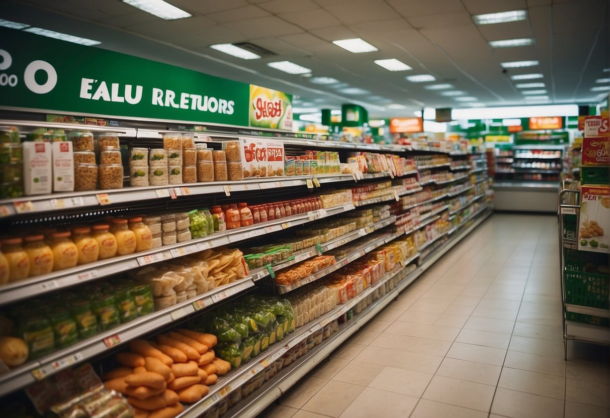 A crowded supermarket aisle displays Anlene 2024 promotions in Singapore. Shelves are stocked with exclusive offers and promotional materials