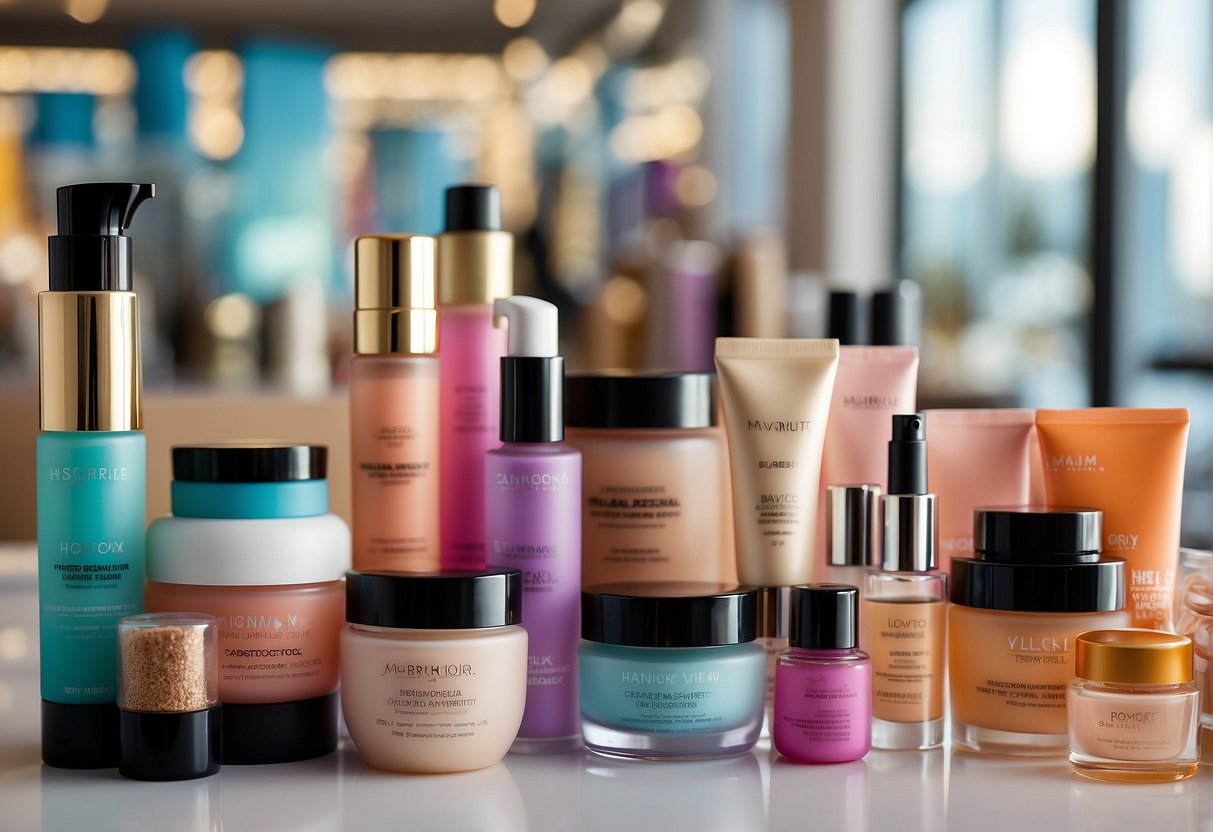 A colorful display of makeup and skincare products with promotional signs and banners in a bright and inviting setting