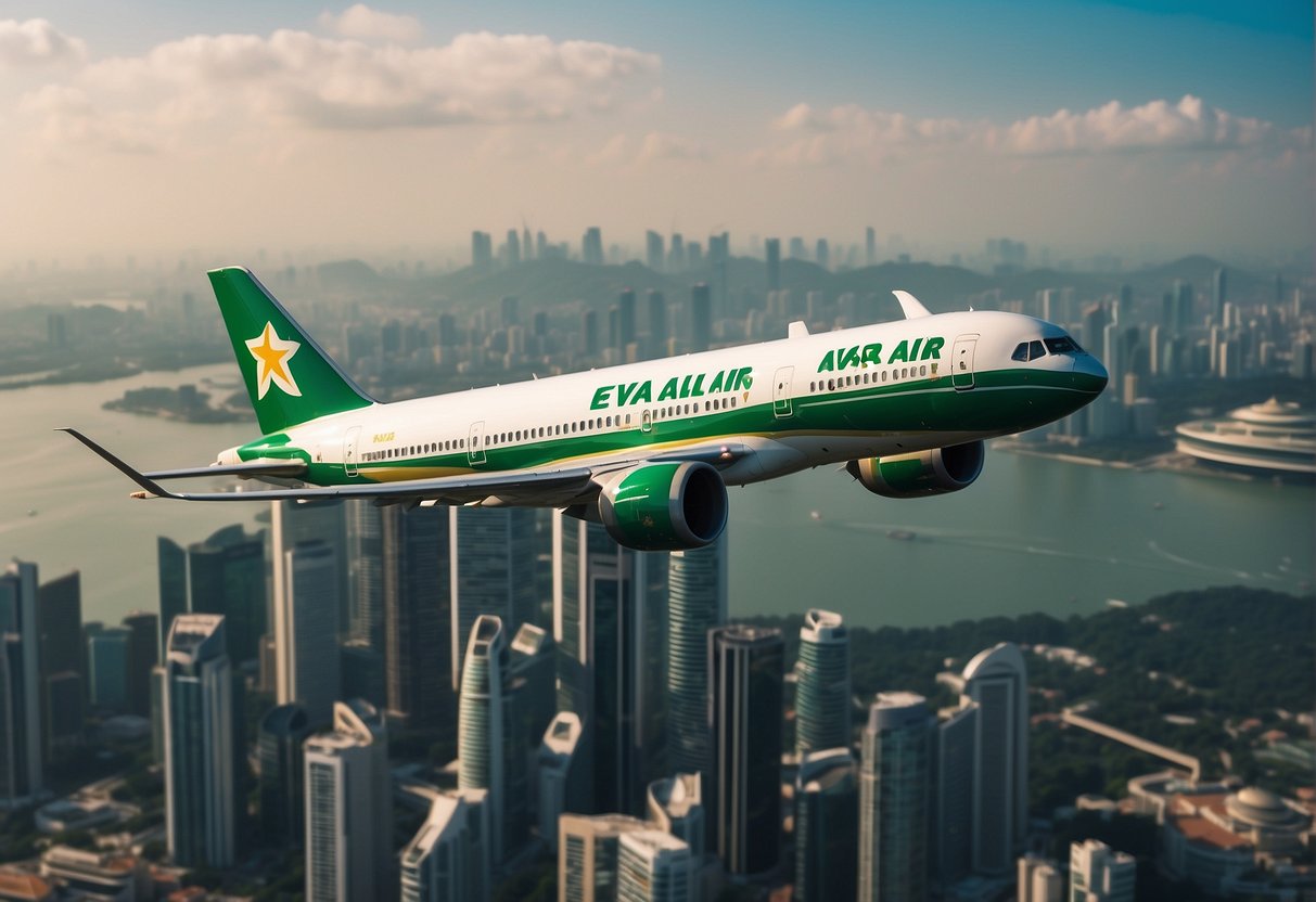 A vibrant Eva Air plane flying over the iconic skyline of Singapore, with the city's famous landmarks and attractions visible below