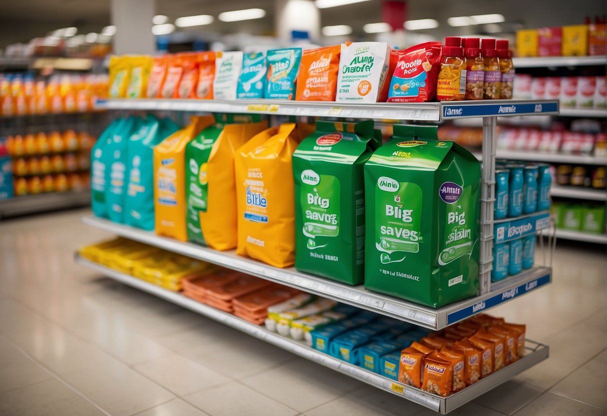A colorful display of Anlene products with prominent "Big Savings" signs. Customers happily filling their carts