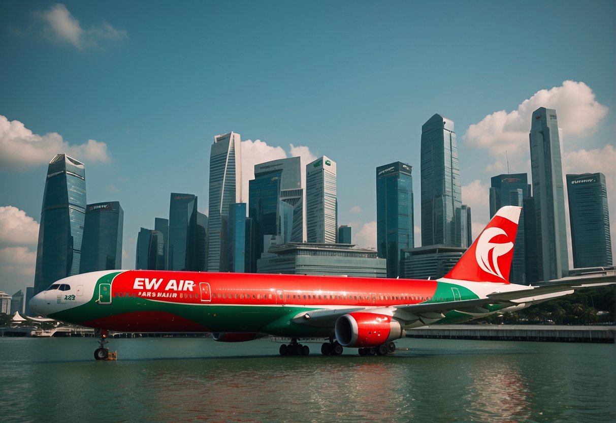 A bright red airplane with "EVA Air" logo flying over the iconic skyline of Singapore, with the famous Marina Bay Sands in the background
