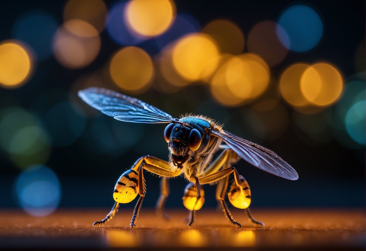 A glowing firefly hovers over a colorful display of promotional items in Singapore