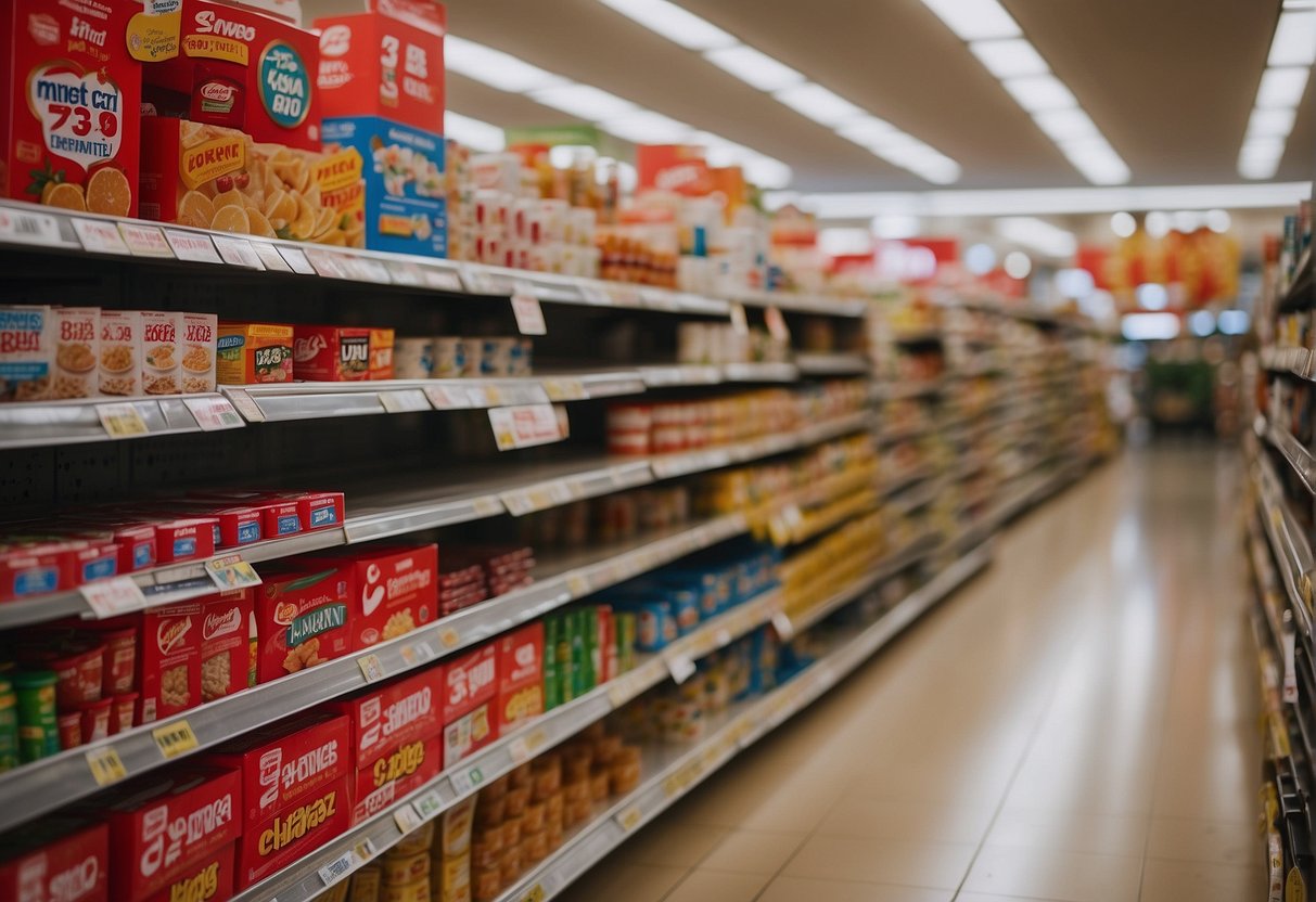 Shelves filled with discounted products, bright red price tags, and banners advertising FairPrice promotions in a bustling Singapore supermarket
