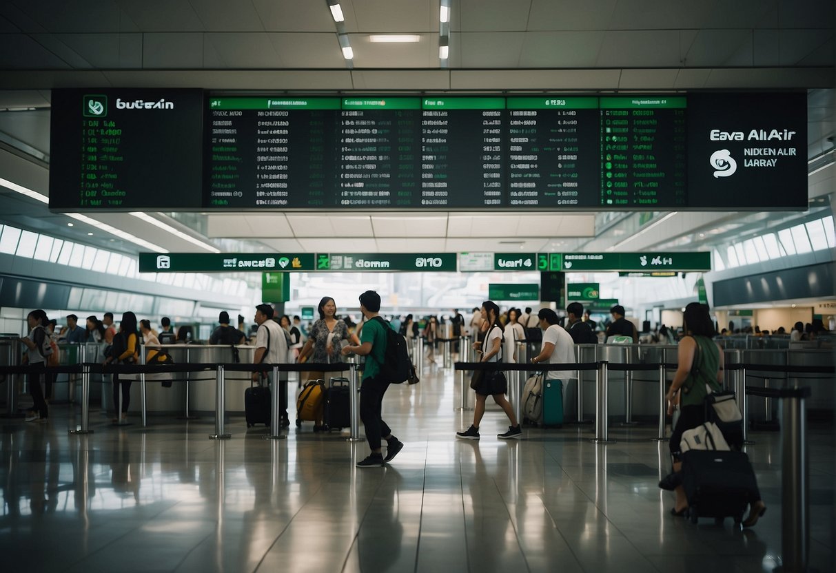 A bustling airport terminal with Eva Air promotions signage in Singapore, with a diverse group of travelers checking in and excitedly preparing for their global adventures