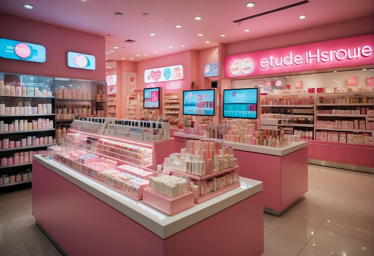 A colorful display of Etude House beauty products with "Get More for Your Beauty Purchase" promotions signage in a Singapore store