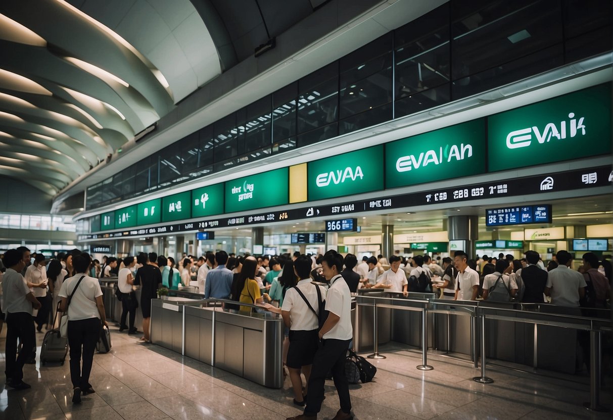 A crowded airport terminal with a prominent Eva Air promotions booth in Singapore, with people browsing and staff assisting