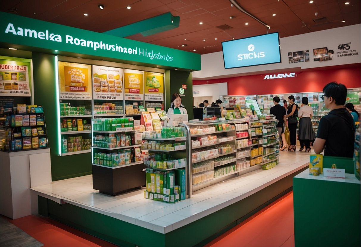 Anlene promotions in Singapore: Colorful display of FAQs, product samples, and happy customers engaging with brand ambassadors
