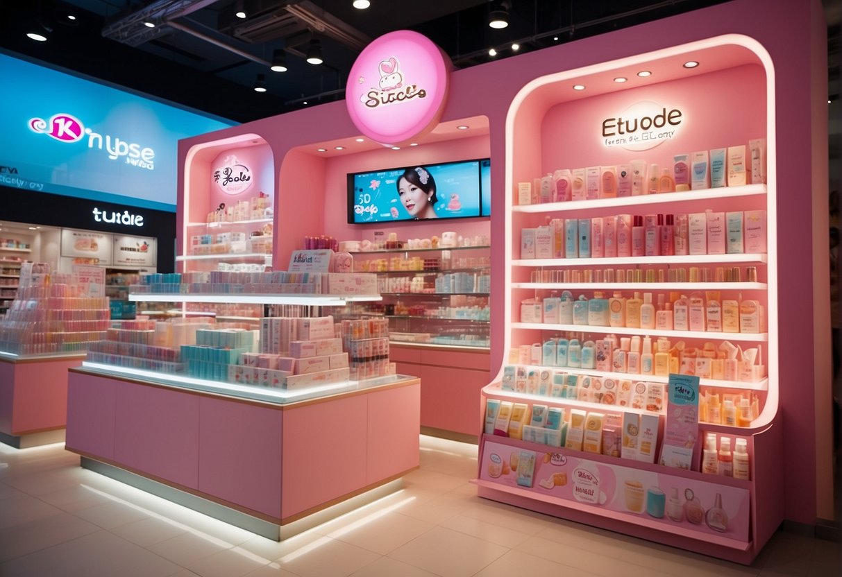 A colorful display of Etude House promotions in Singapore, with vibrant product packaging and eye-catching signage