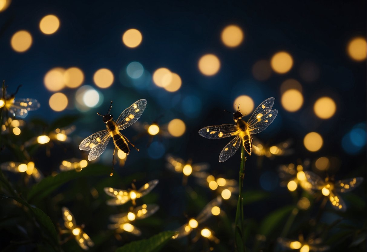 A group of fireflies illuminating the night sky over Singapore, creating a mesmerizing display of twinkling lights