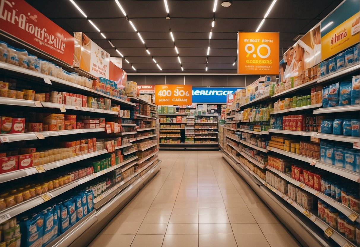 Shelves filled with discounted products, banners displaying current promotions at FairPrice supermarket in Singapore