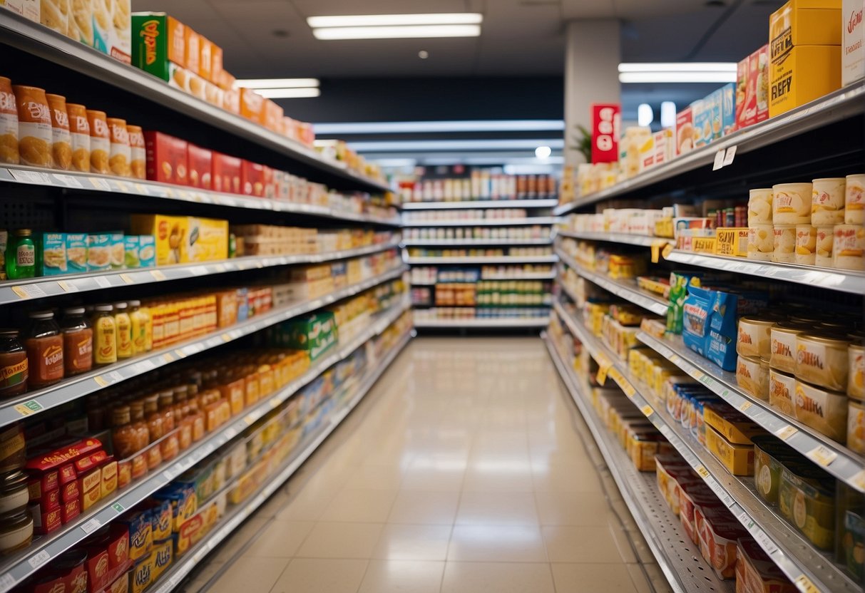Shelves stocked with various products, signages promoting fairprice promotions, customers browsing aisles