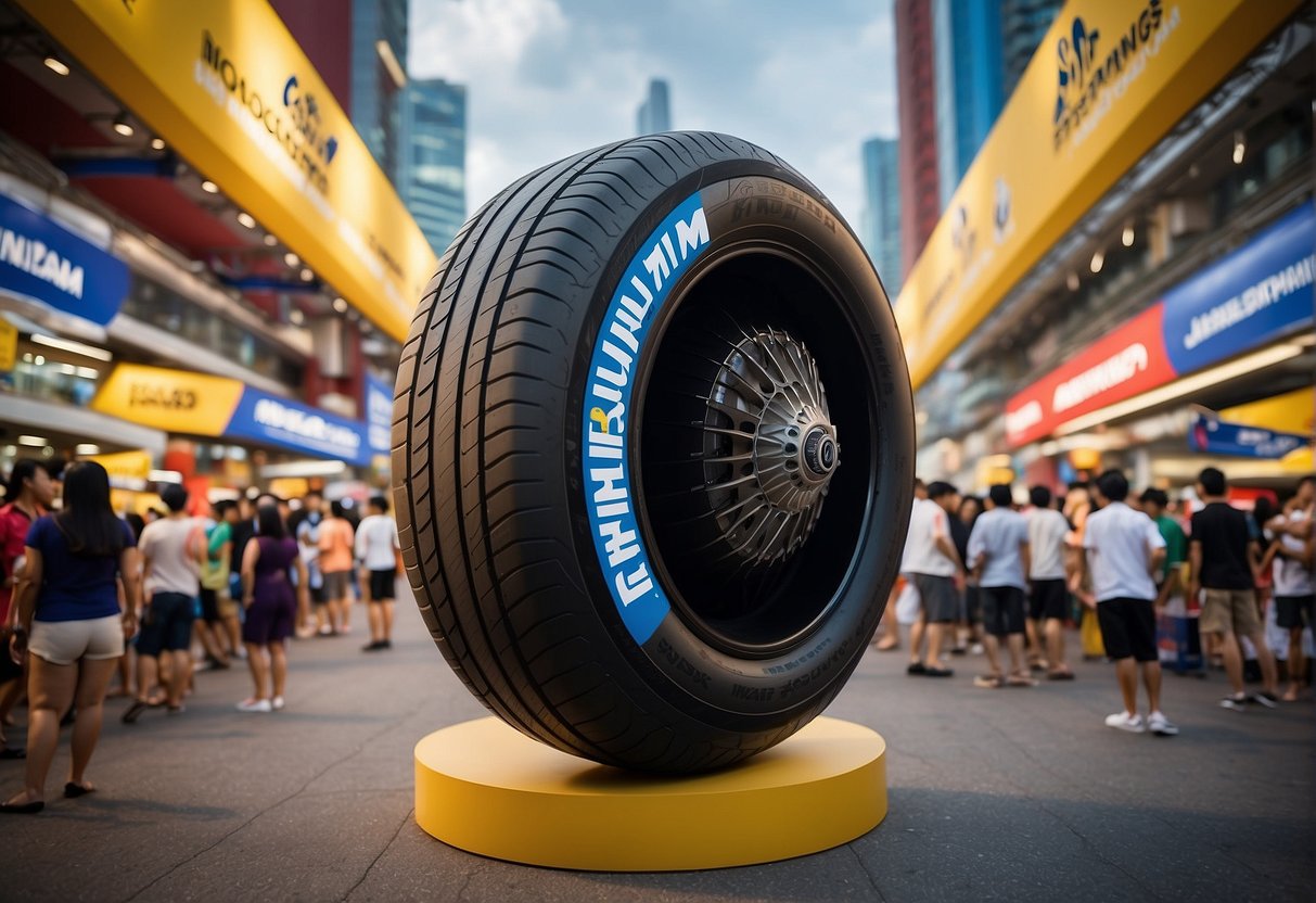 A large Michelin tire display stands in the center of a bustling Singapore promotion, surrounded by colorful banners and excited customers