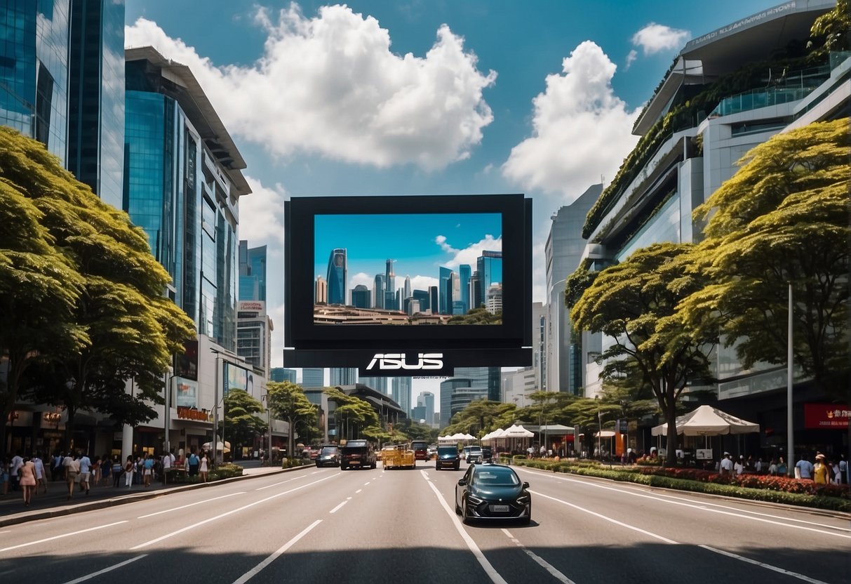 A vibrant cityscape with iconic landmarks and bustling streets, featuring ASUS promotions displayed on digital billboards and storefronts in Singapore