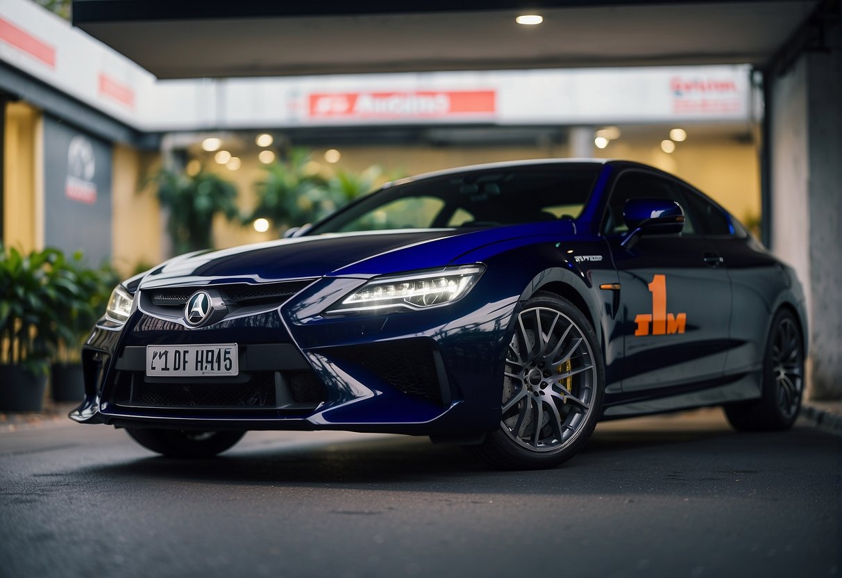 A sleek, modern car with Michelin tyres parked in front of a Singapore tire shop, adorned with bold "2024 Promotions" signage