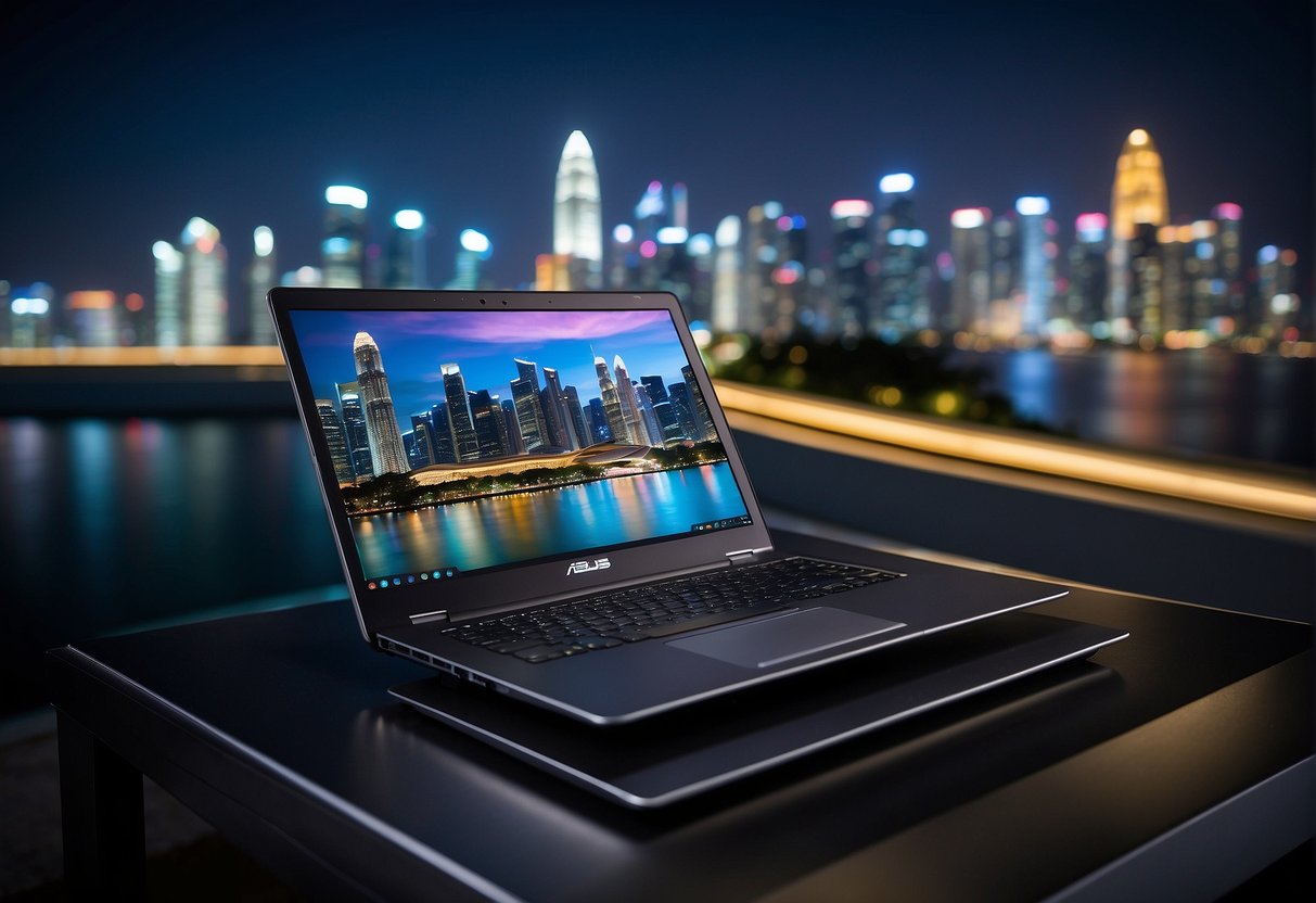 A sleek ASUS laptop sits on a modern desk, surrounded by high-tech gadgets and accessories. The backdrop features the iconic Singapore skyline, with futuristic buildings and vibrant city lights