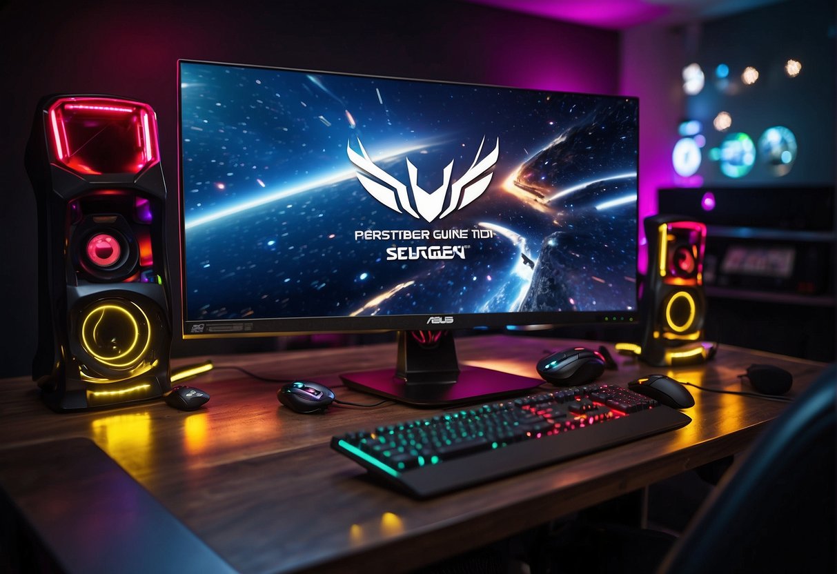 A vibrant gaming setup with ASUS products displayed prominently, surrounded by creative tools and accessories. Bright lights and sleek designs create an inviting atmosphere for gamers and creators