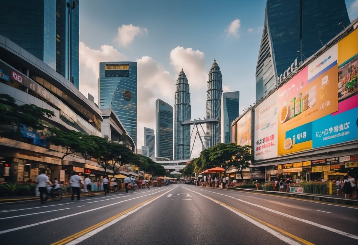 A bustling street in Singapore, with colorful banners and signs promoting CIF products. The iconic city skyline in the background