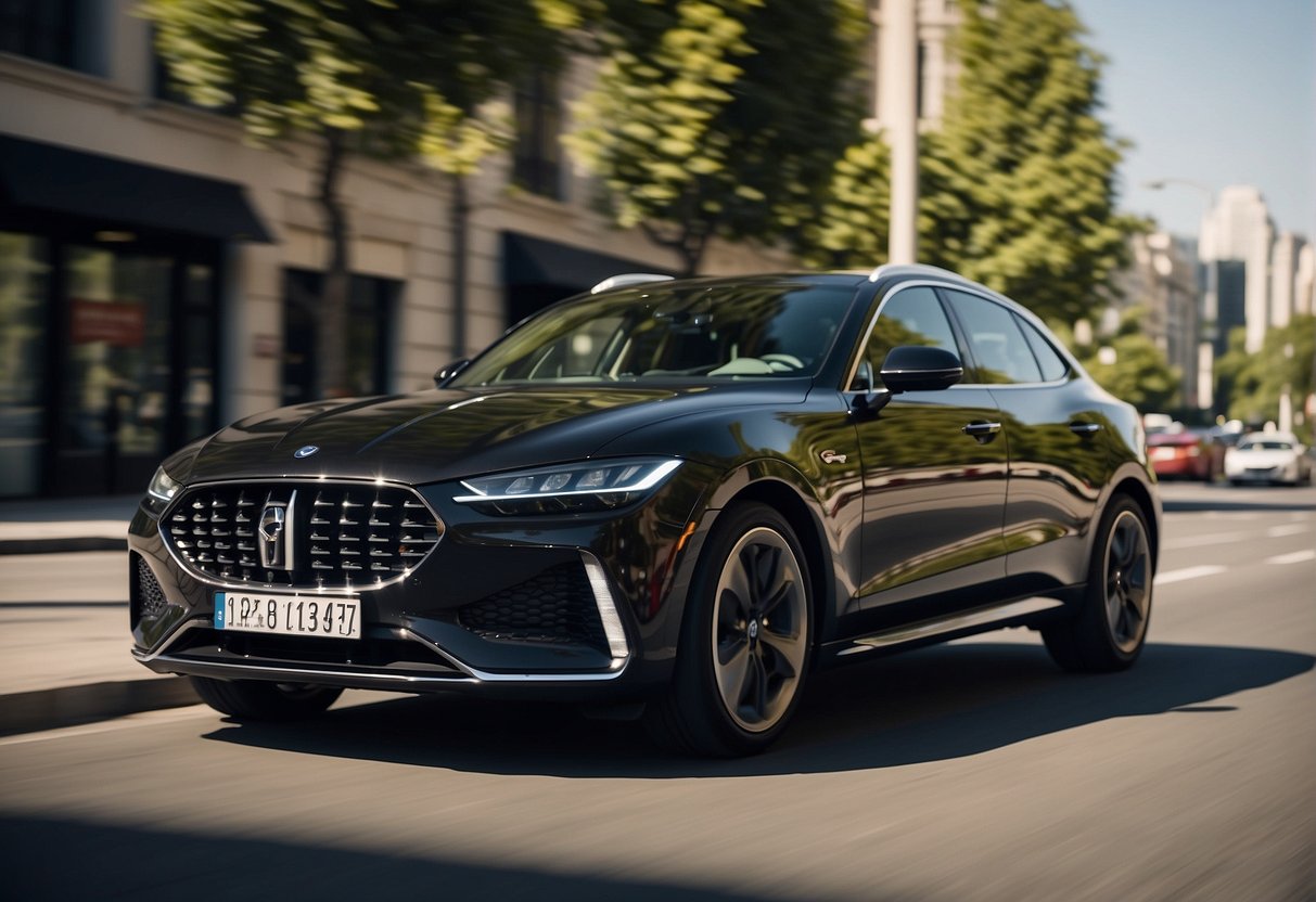 A sleek, modern car with Michelin tires zooming down a city street. The tires gleam in the sunlight, showcasing their unrivalled performance and design