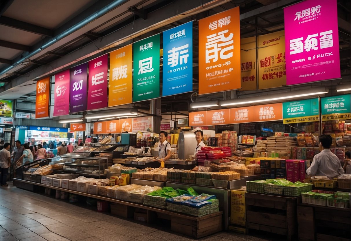 Brightly colored promotional banners hang in a bustling Singaporean market, advertising current promotions for various products and services