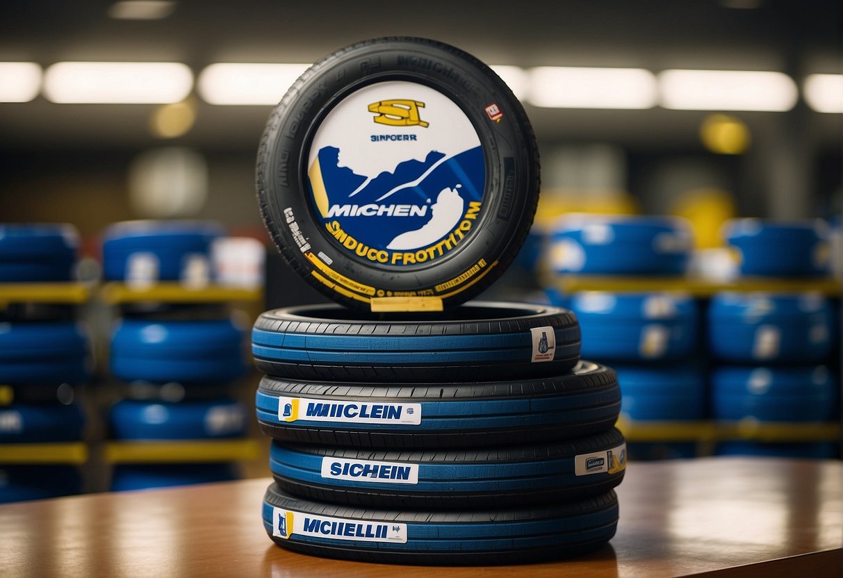 A stack of Michelin tires with a prominent "Singapore Promotion" sign