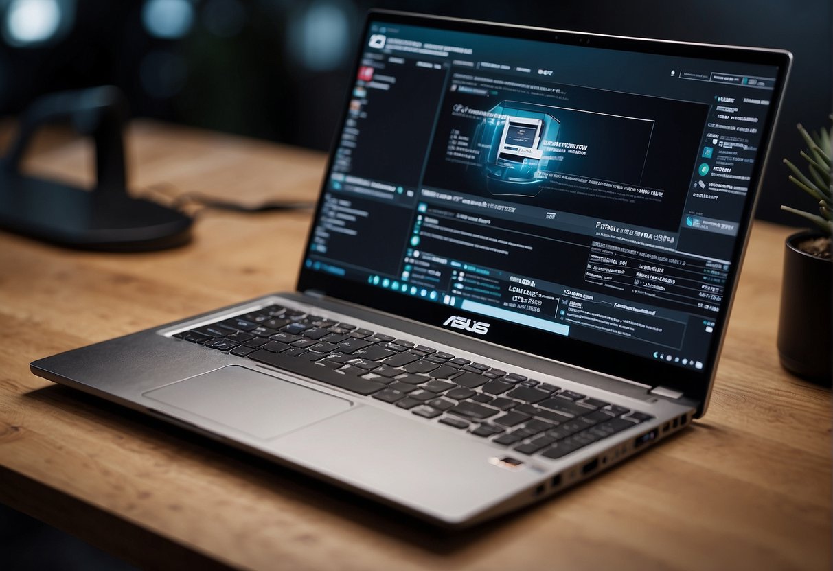 A laptop with the ASUS logo prominently displayed, surrounded by promotional materials and a FAQ section