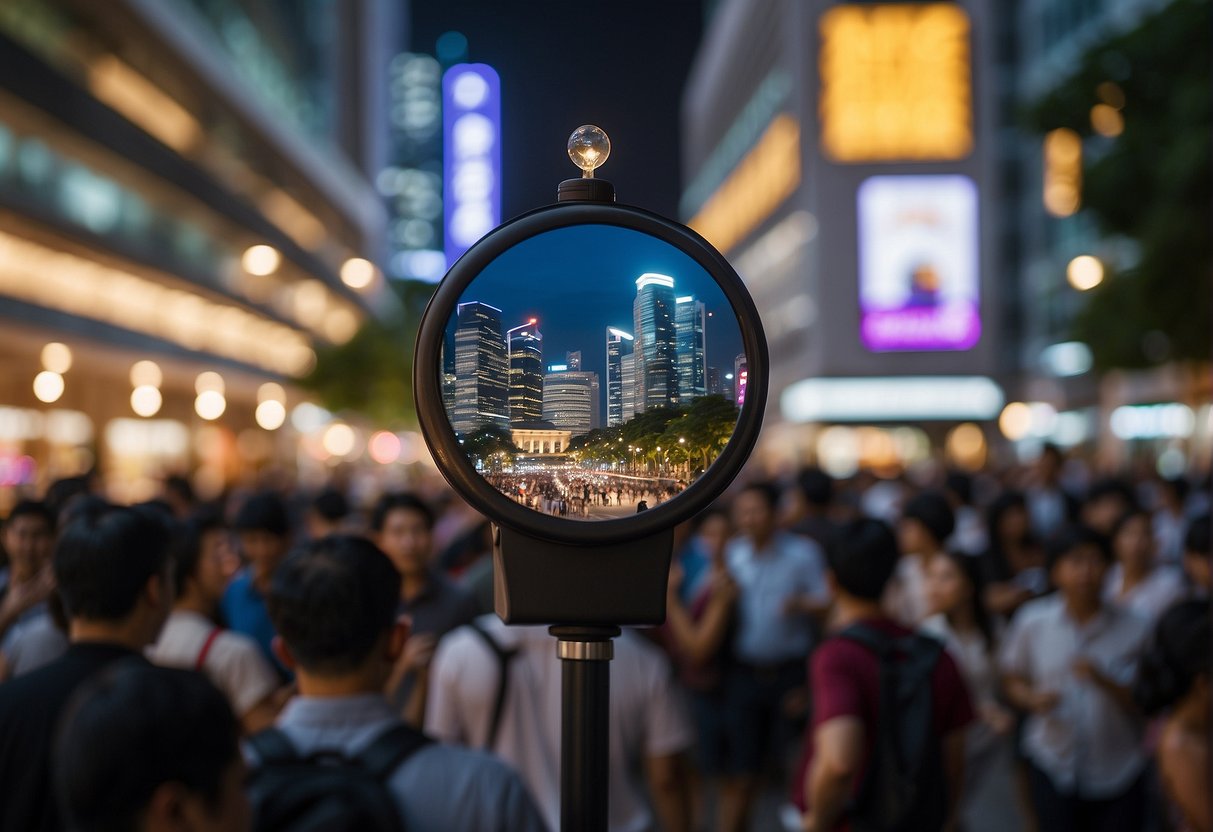 A bustling street in Singapore with a prominent B&O promotion display, surrounded by vibrant city lights and bustling crowds