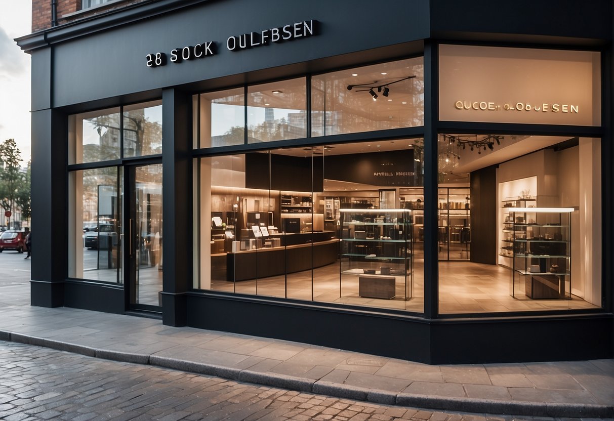 A sleek, modern store front with bold Bang & Olufsen branding, featuring eye-catching promotional displays and a welcoming atmosphere