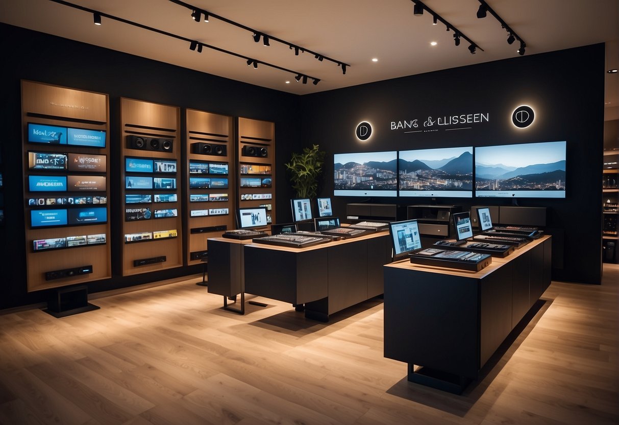 A sleek, modern display of Bang & Olufsen products with vibrant promotional signs in a high-end store in Singapore