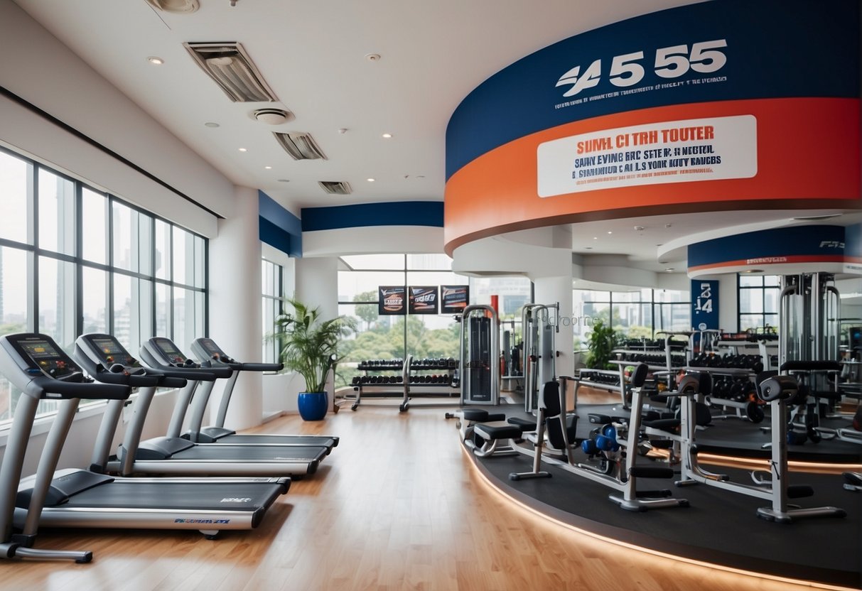 Brightly lit gym interior with promotional banners and signs for f45 promotions Singapore. Clean, modern, and inviting atmosphere