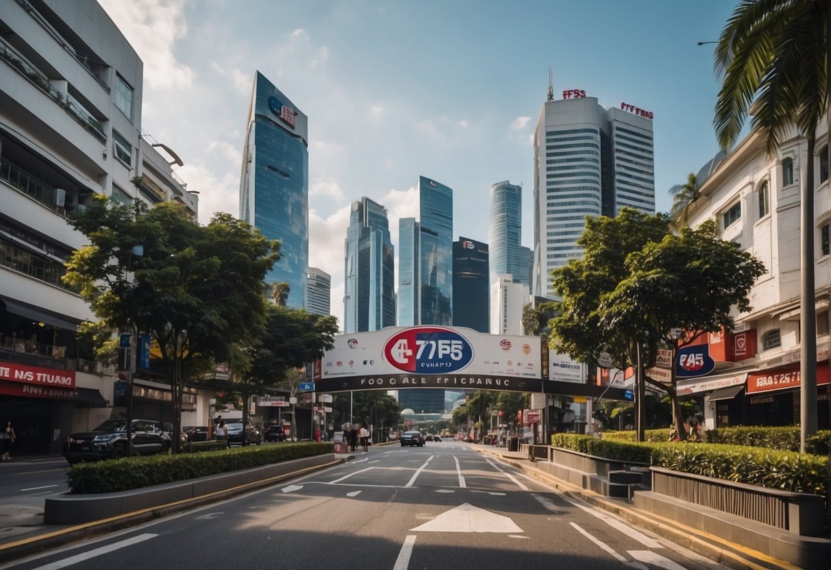 A vibrant cityscape with iconic landmarks and bustling streets, adorned with promotional banners and signs for f45 fitness in Singapore
