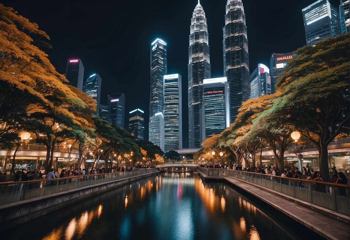 A vibrant cityscape with iconic Singapore landmarks, surrounded by bustling streets and colorful promotions for Mott and Bow