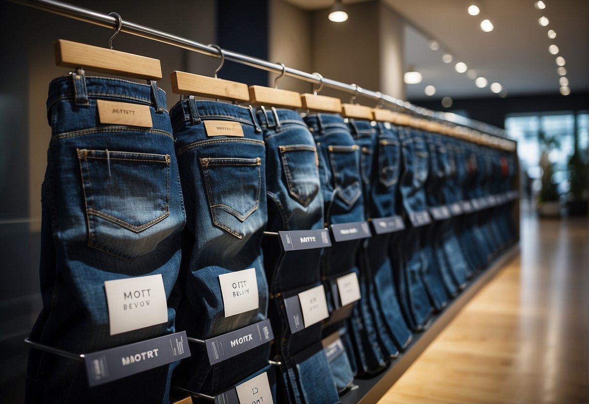 A display of denim jeans in a modern, stylish setting with promotional signage and branding for Mott and Bow in Singapore
