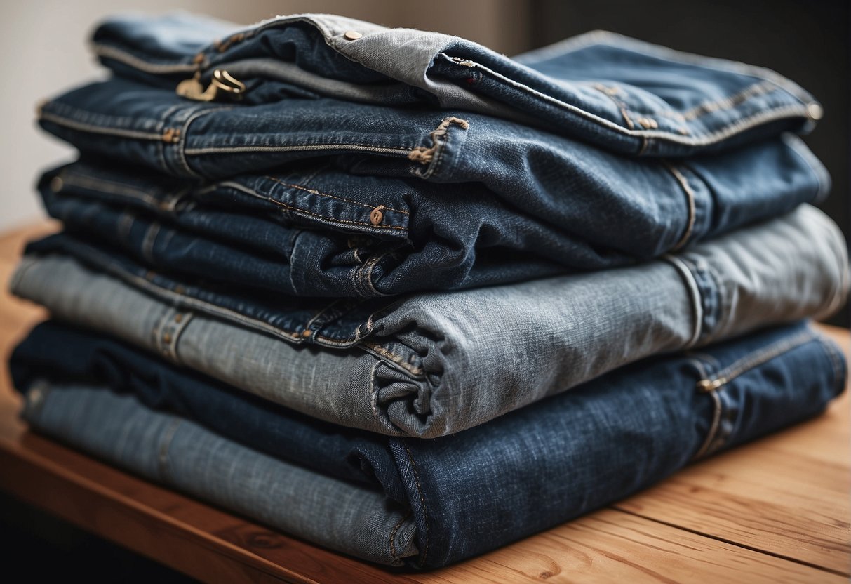 A stack of neatly folded jeans with various washes and styles, displayed on a sleek, modern table with the Mott and Bow logo prominently featured