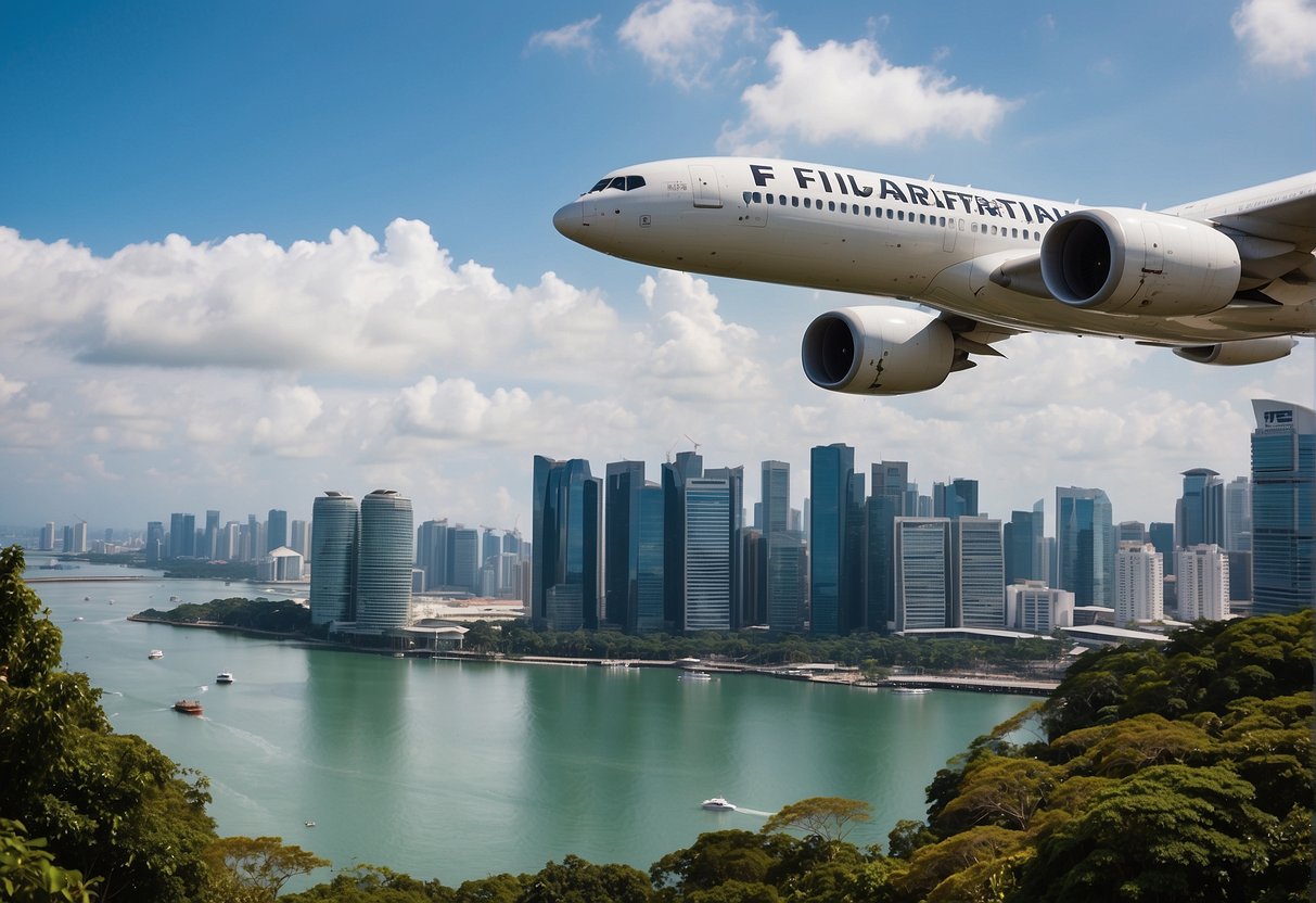 A vibrant Fiji Airways plane flying over the iconic Singapore skyline, with promotional banners and logos displayed prominently on the aircraft