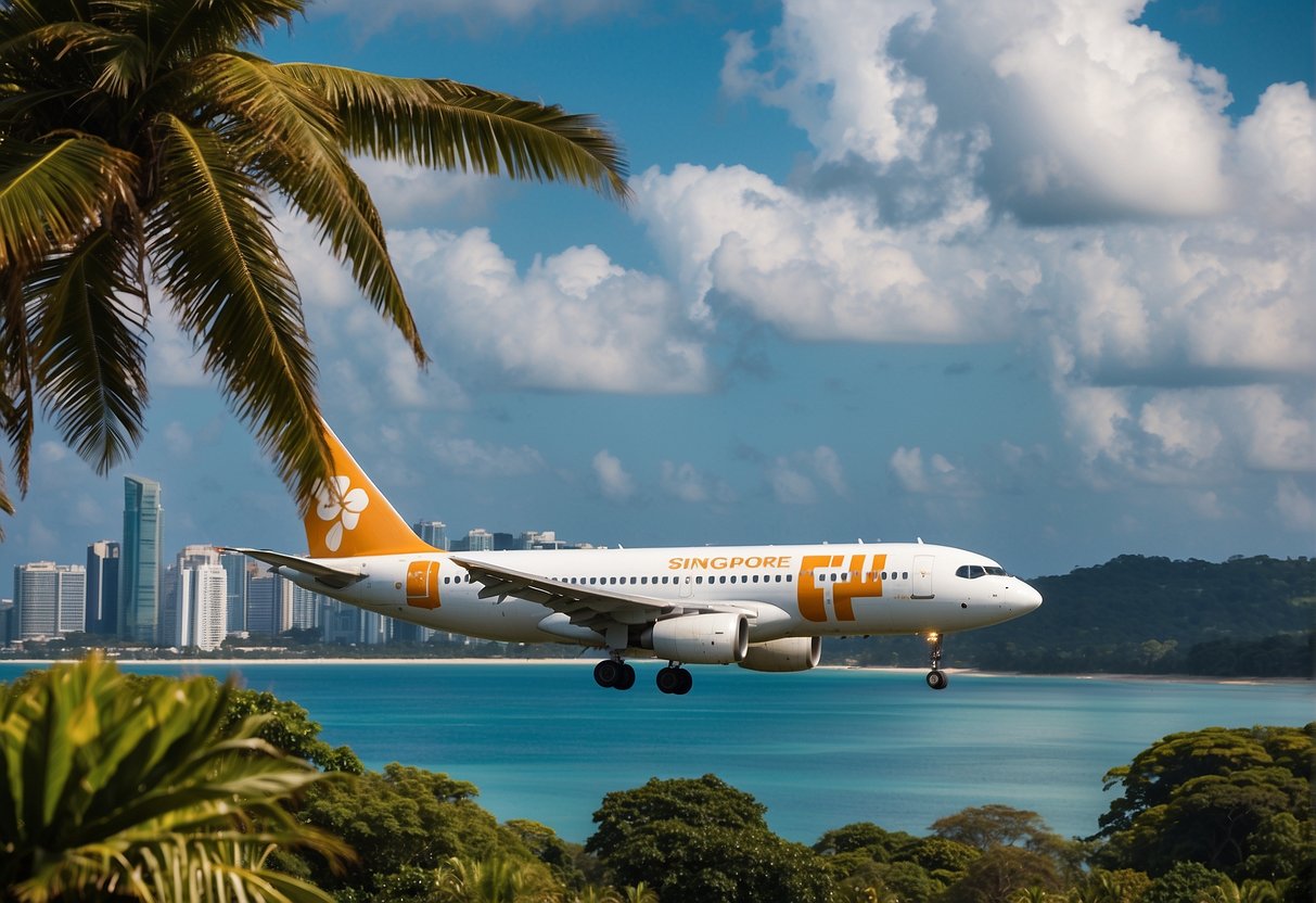 A tropical beach with a Fiji Airways plane flying overhead and a Singapore skyline in the background