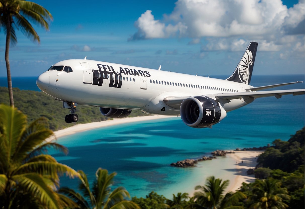 A plane with Fiji Airways and Singapore promotions displayed on its exterior, flying over a tropical island with palm trees and clear blue water