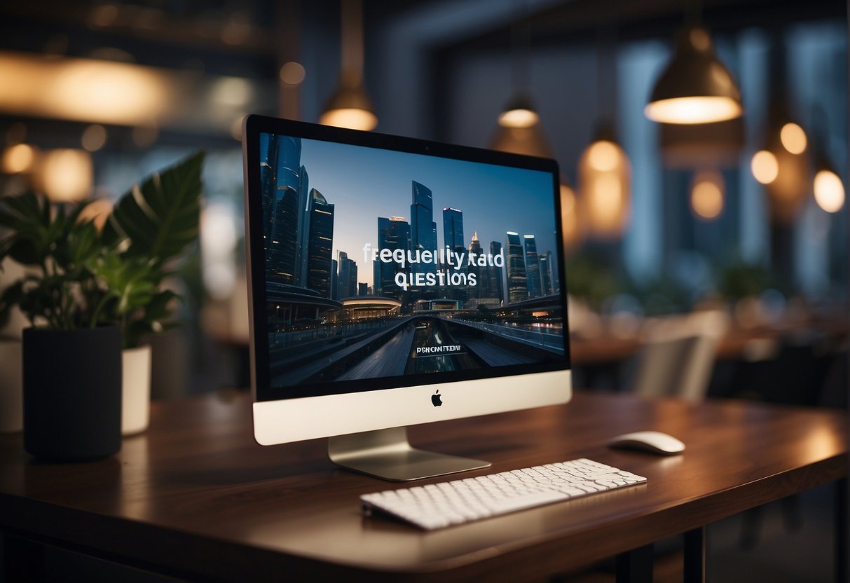 A computer screen displaying "Frequently Asked Questions" and a promotional banner for Mott and Bow in a Singapore setting