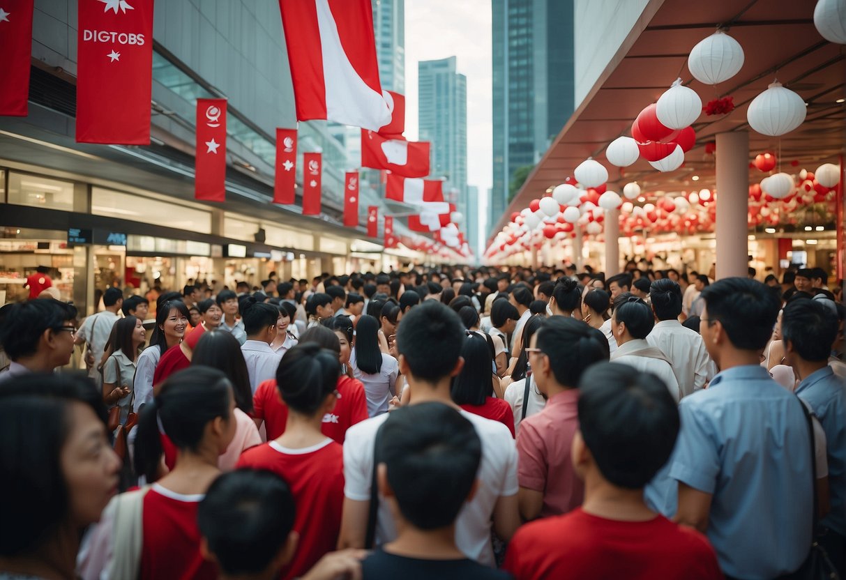 Crowds flock to stores, flags fly high, and banners boast red and white. Discounts and offers fill the air, celebrating Singapore's national day