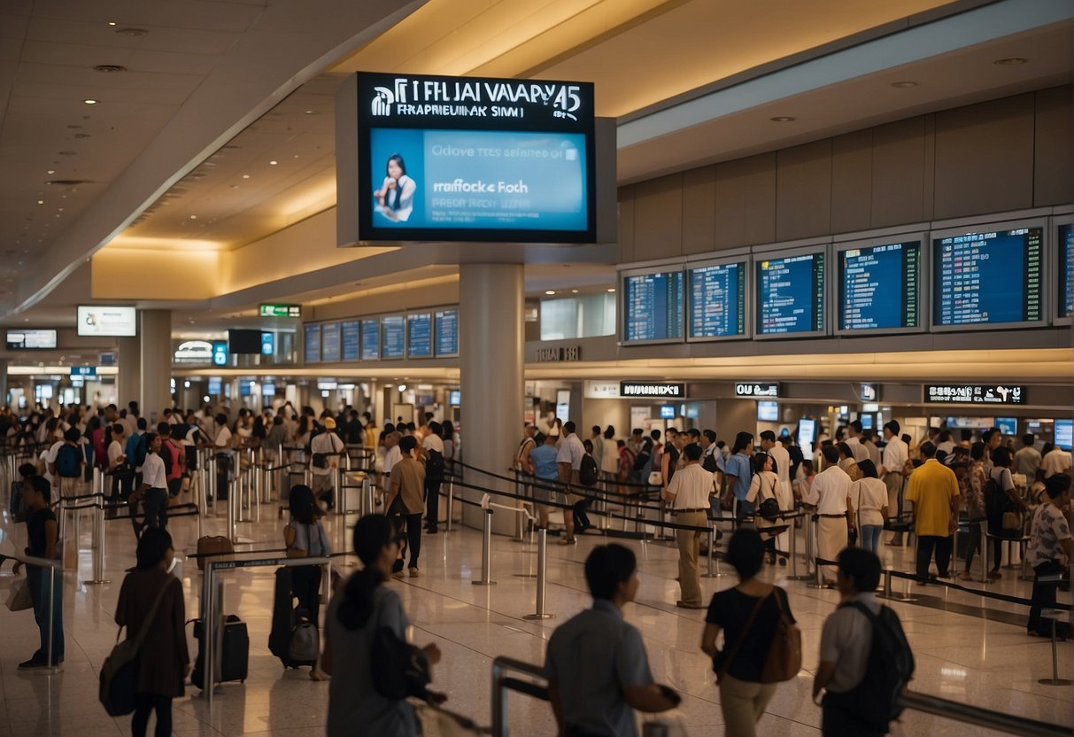 A crowded airport terminal with a prominent "Fiji Airways" sign and a display of "Singapore Promotions" with people lining up at the ticket counter