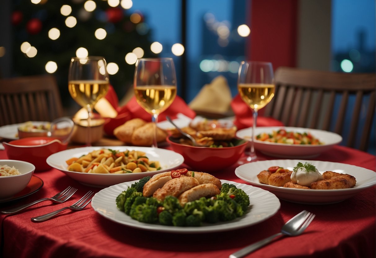 A festive dining scene with national day promotions in Singapore, featuring traditional decorations and special F&B offerings