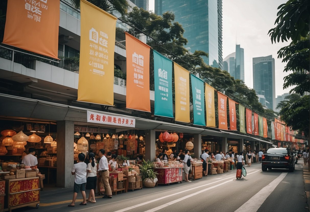 A bustling Singapore street adorned with colorful banners and signs, showcasing retail and lifestyle discounts for National Day promotions