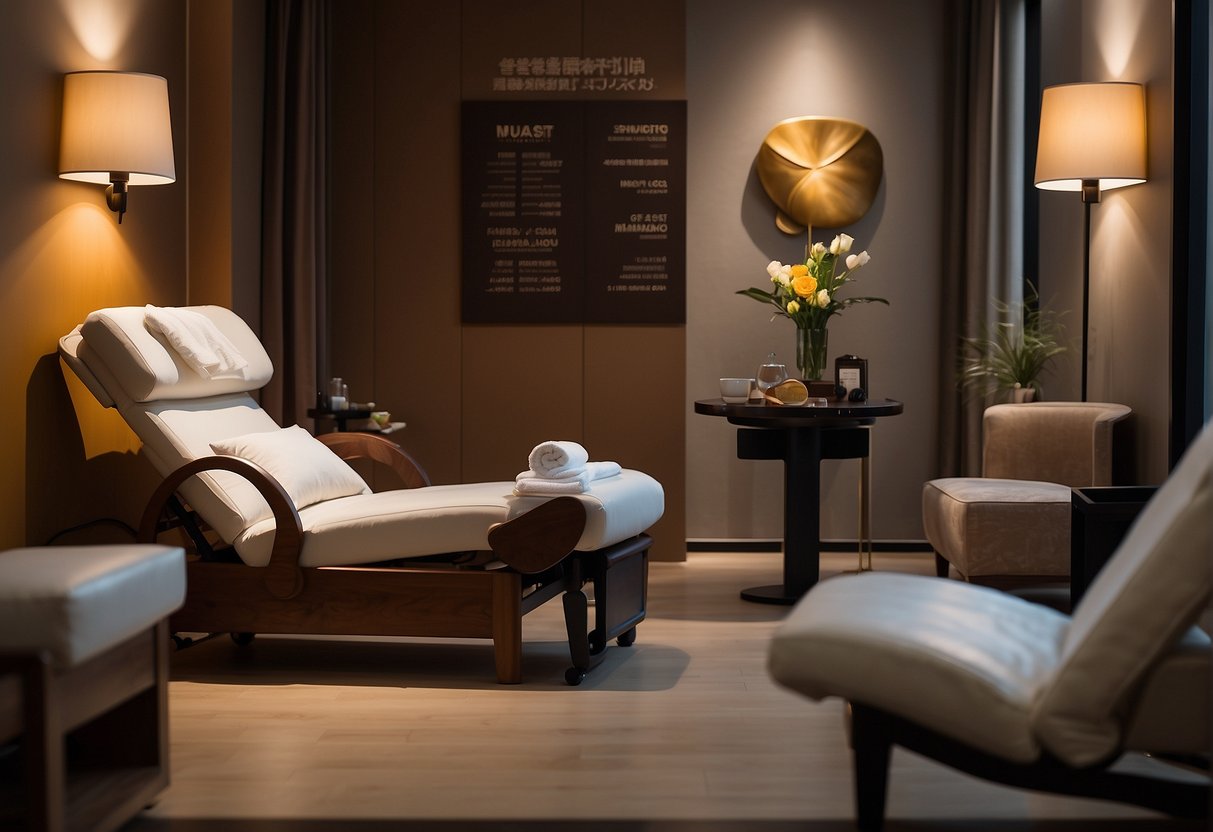 A person reclines in a comfortable chair as a masseuse kneads their feet. A sign advertises foot massage promotions in Singapore