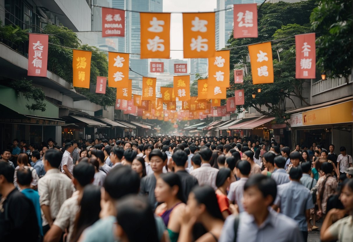 A bustling Singapore street adorned with colorful banners and signs promoting National Day promotions, with crowds of people eagerly browsing the special offers